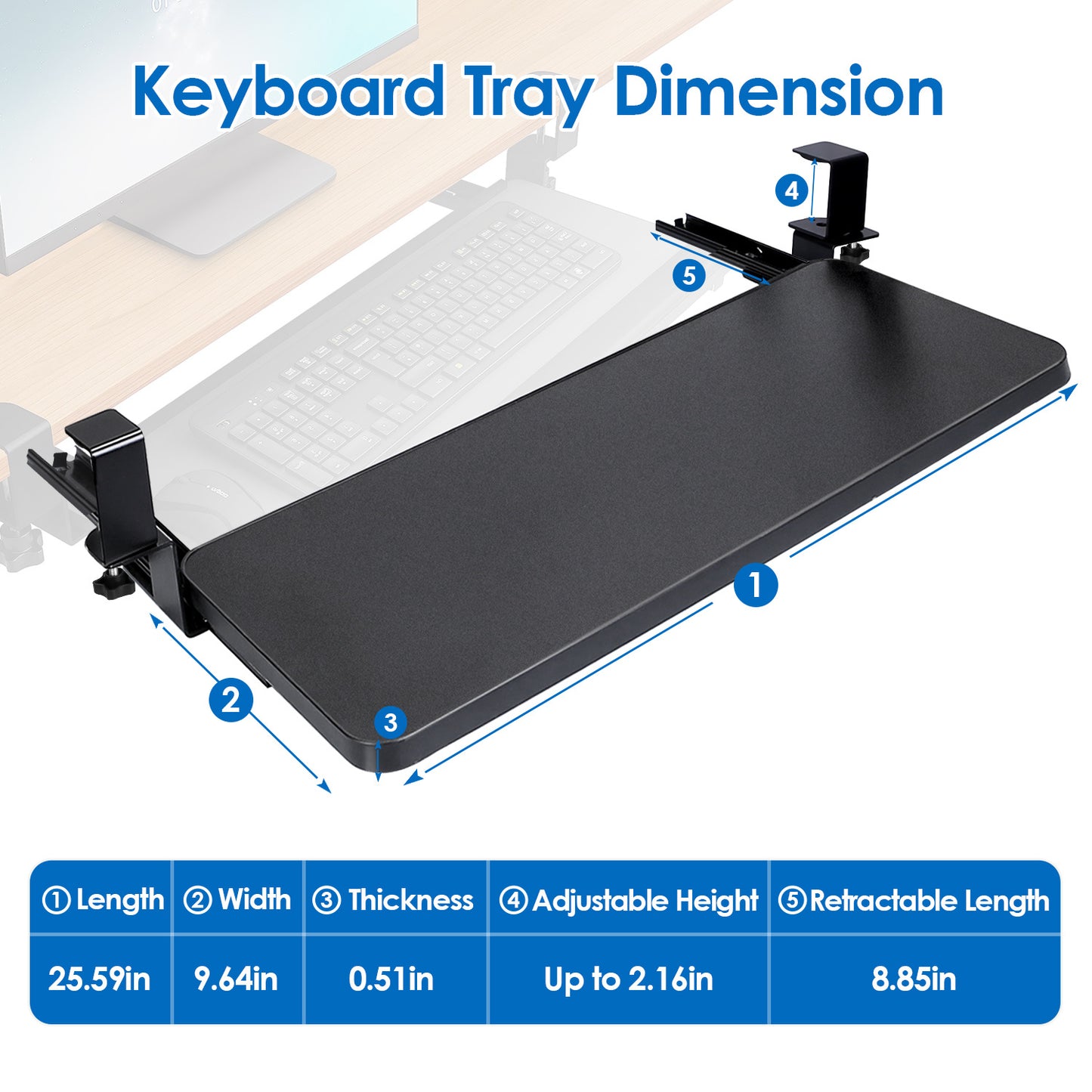 1Pc 25.59x9.64x0.51in Keyboard Mouse Tray Under Desk Retractable Slide Out Drawer Height Adjustable With C Clamp 55LBS Load