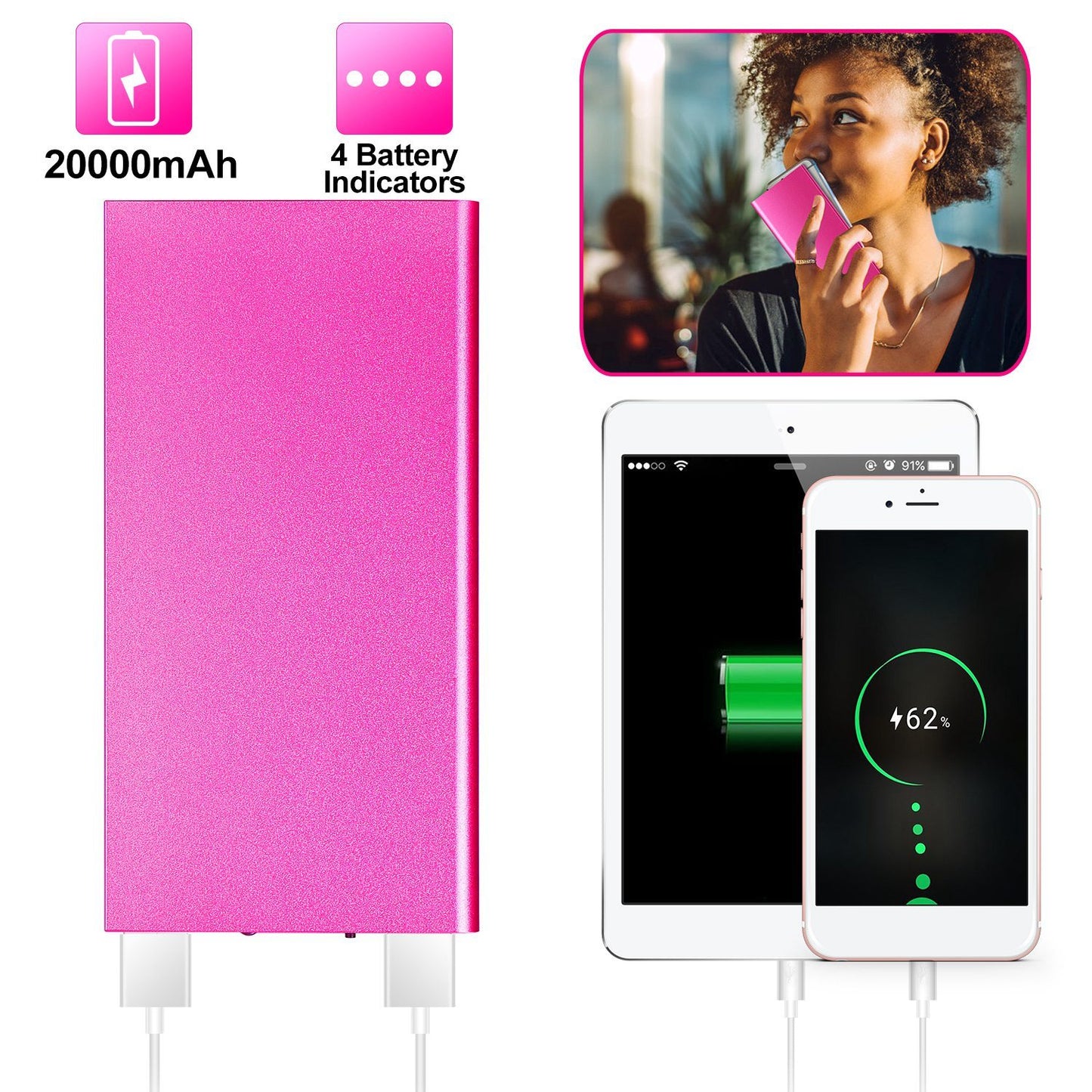 20000mAh Power Bank Ultra-thin External Battery Pack Phone Charger Dual USB Port